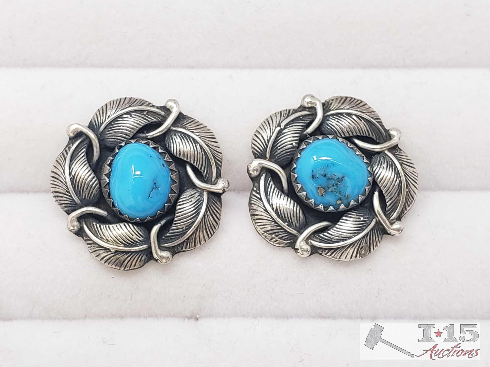 6 Sterling Silver and Turquoise Rings and Pair of Earrings