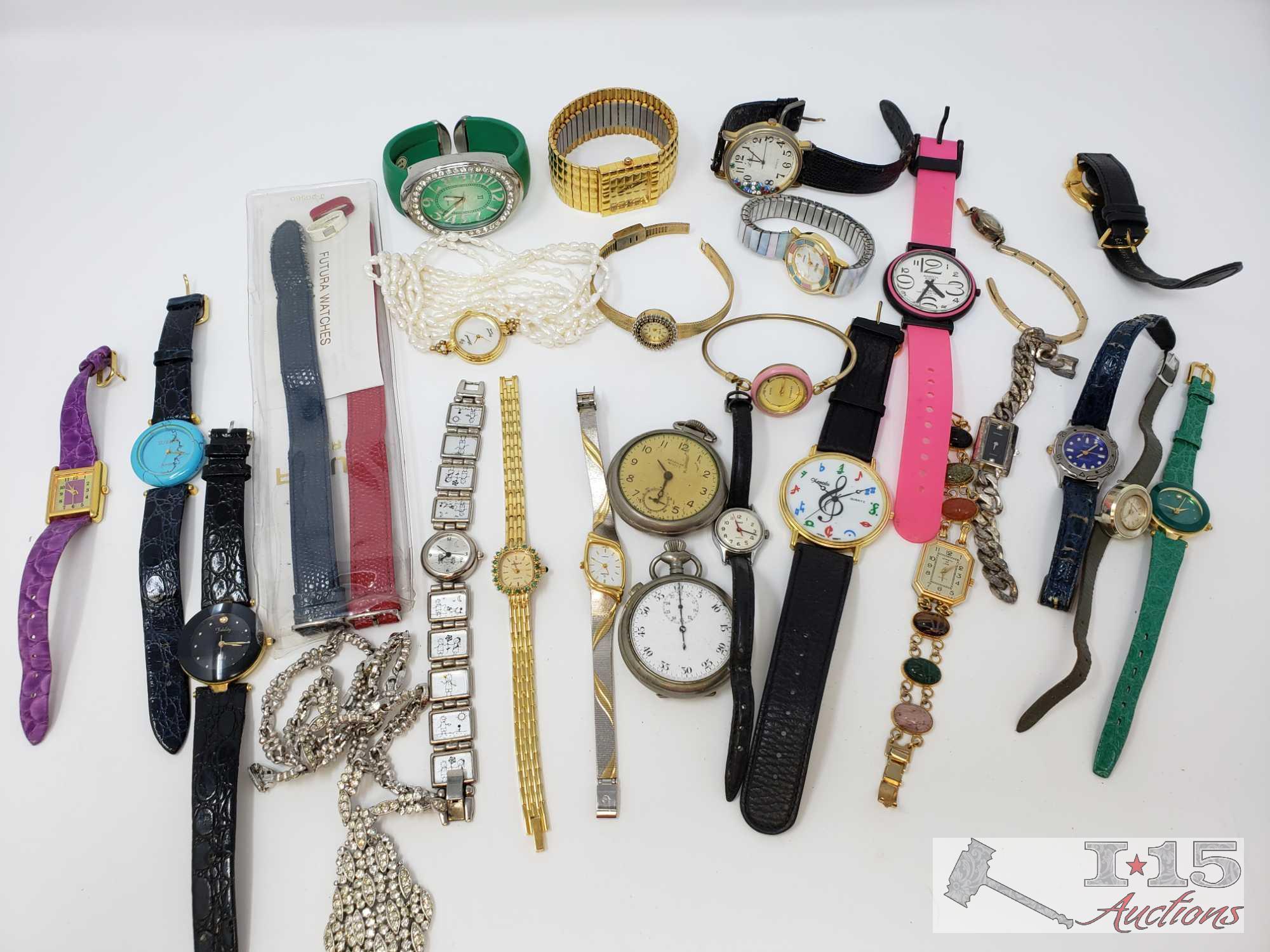 Assorted Watches, Stopwatches and a Necklace