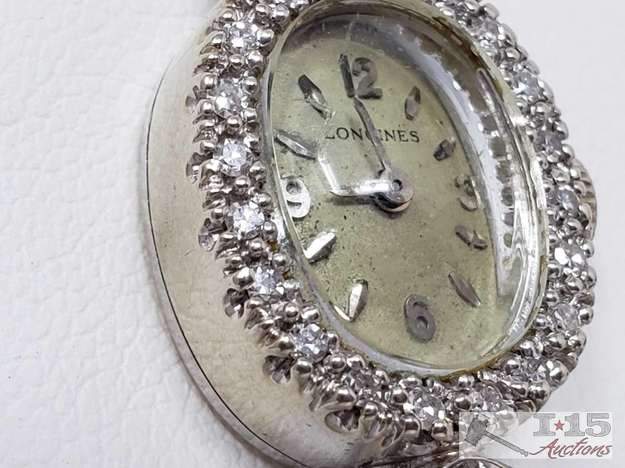 14k White Gold Longines Vintage Watch With Diamonds, 18.4g