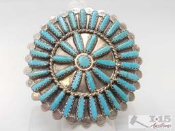 BYJoe Vintage Turquoise Cluster Large Face Sterling Ring, 14.5g Sterling Silver and Signed by Artist