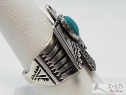 Native American Sterling Silver and Thunderbird Authentic Turquoise Ring, 11.8g