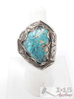 Sterling Silver Chunky Ring Turquoise Ring, 11.7 grams