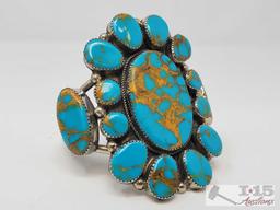 Arrow Marked Rare Large Sterling Silver Cuff Bracelet w/Large Brilliant Cluster Turquoise Stones.