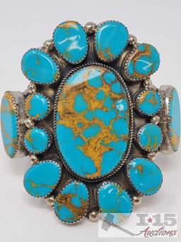 Arrow Marked Rare Large Sterling Silver Cuff Bracelet w/Large Brilliant Cluster Turquoise Stones.