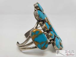 Arrow Marked Rare Large Sterling Silver Cuff Bracelet w/Large Brilliant Cluster Turquoise Stones.