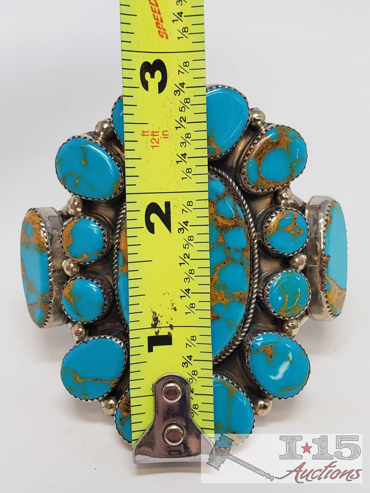 Arrow Marked Rare Large Sterling Silver Cuff Bracelet w/Large Brilliant Cluster Turquoise Stones.