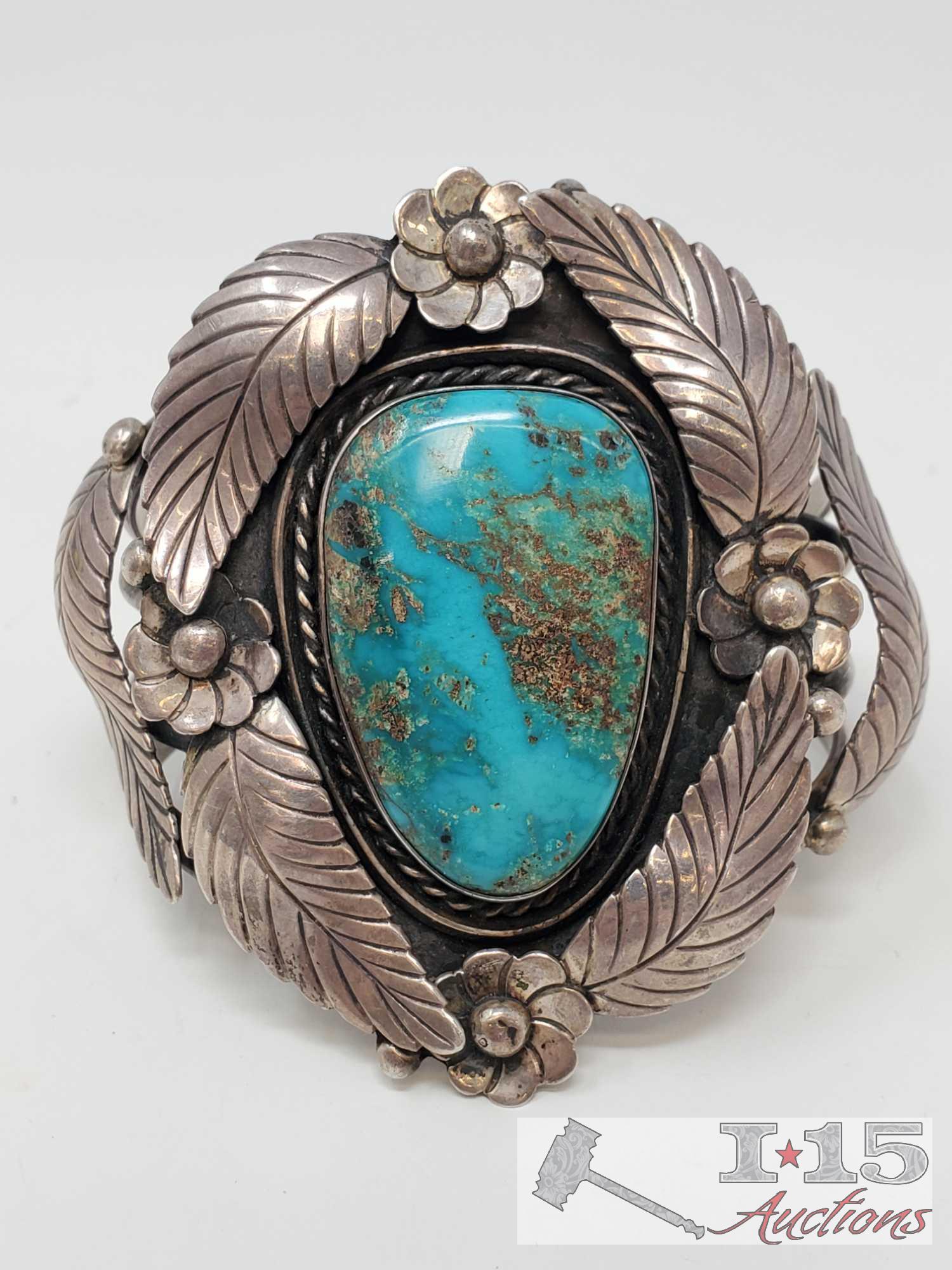 One of a Kind Rare Large Sterling silver Cuff Bracelet with large Turquoise Stone Marked By Artist