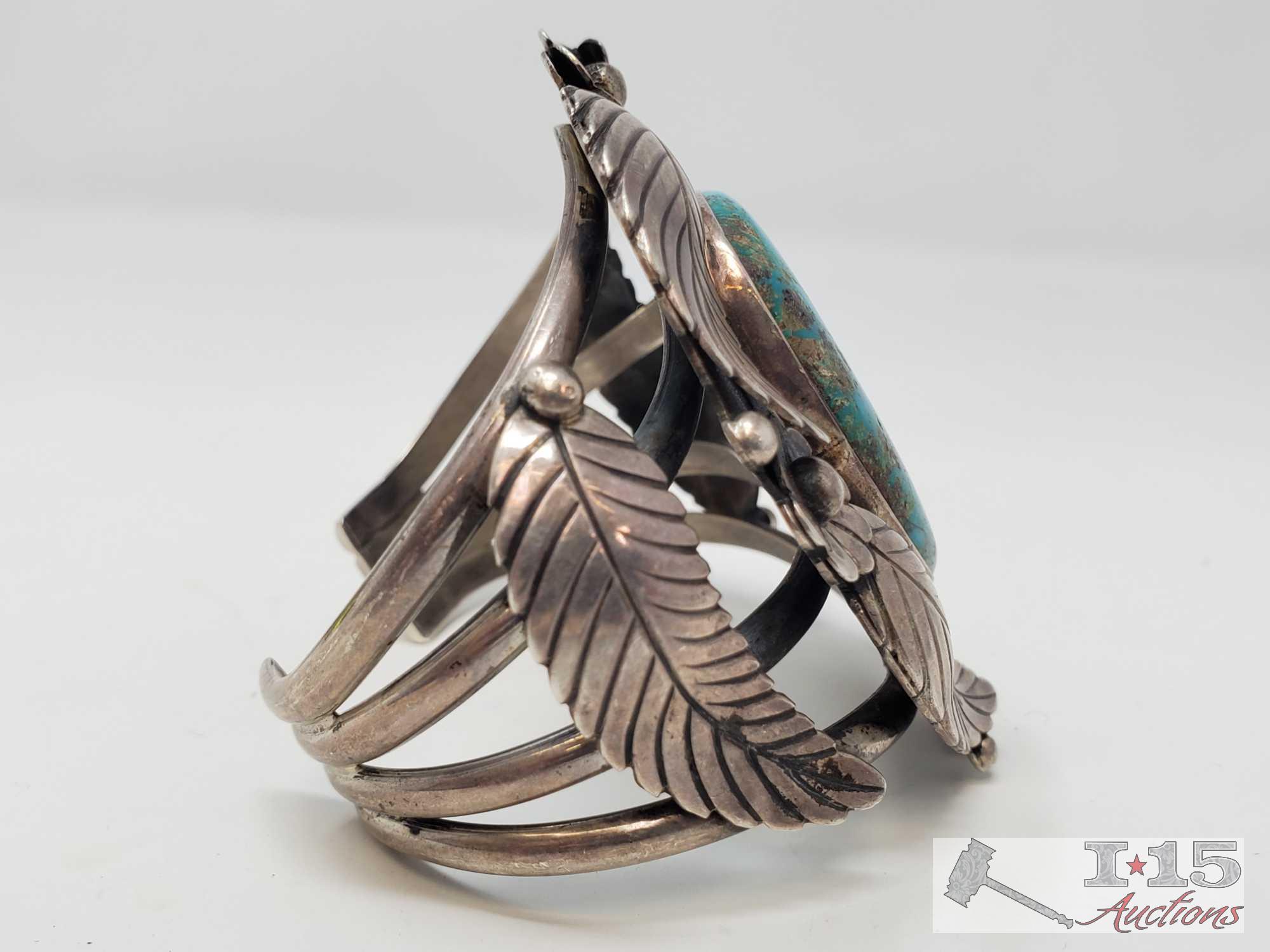 One of a Kind Rare Large Sterling silver Cuff Bracelet with large Turquoise Stone Marked By Artist