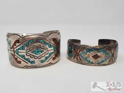 Two Southwestern Silver Chip Inlay Bracelet Signed and Marked by Artist set in Sterling Silver
