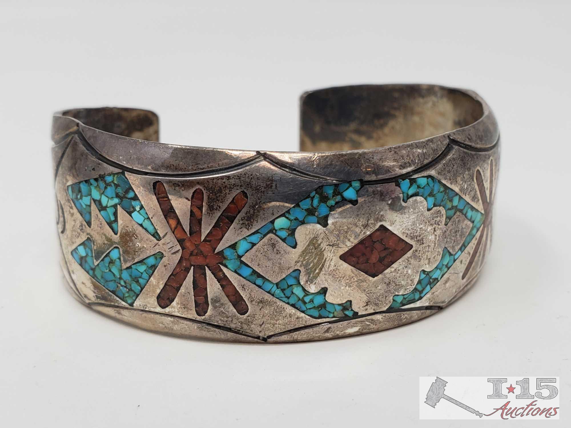 Two Southwestern Silver Chip Inlay Bracelet Signed and Marked by Artist set in Sterling Silver