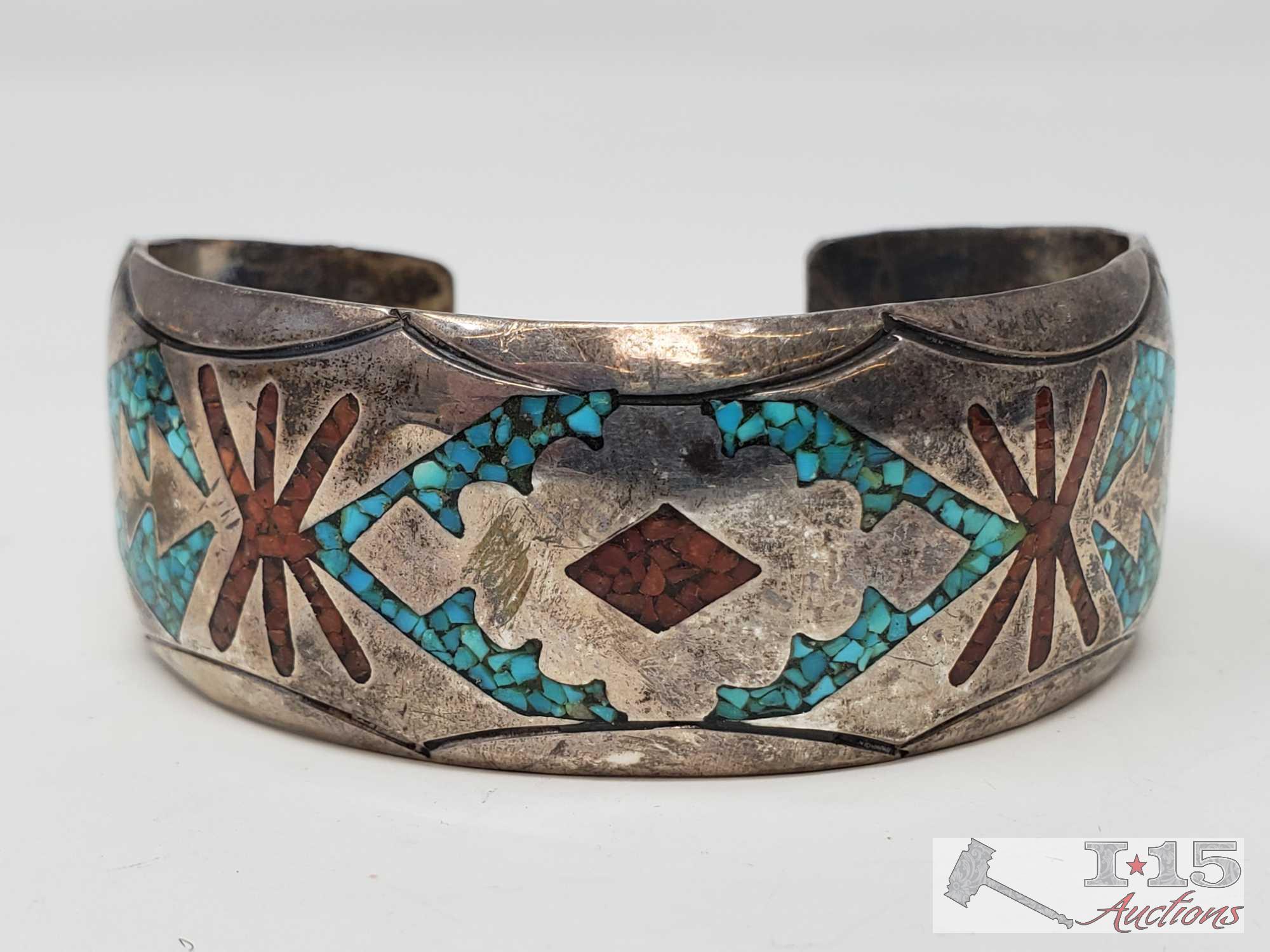 Two Southwestern Silver Chip Inlay Bracelet Signed and Marked by Artist set in Sterling Silver