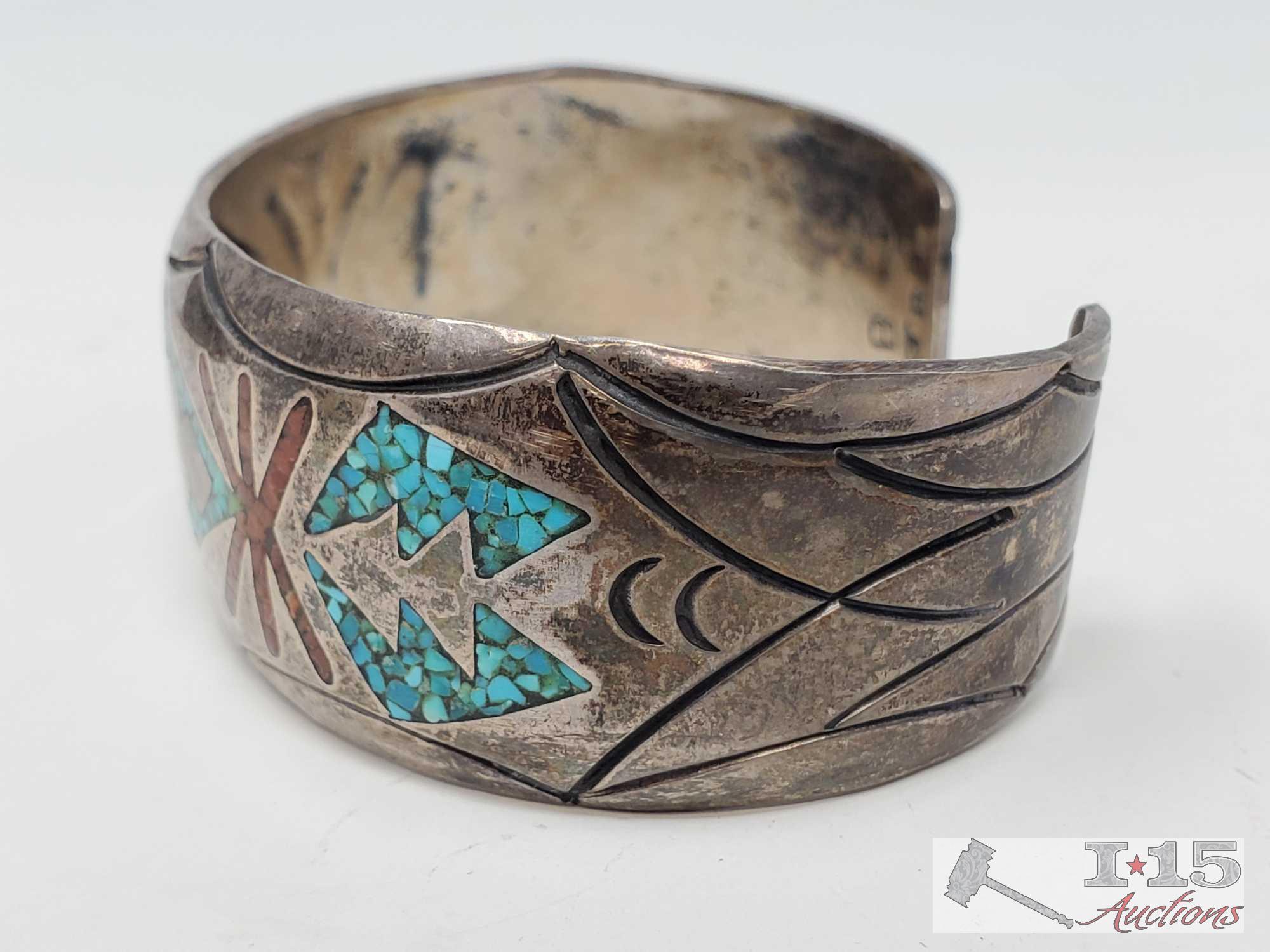 Two Southwestern Silver Chip Inlay Bracelet Signed and Marked by Artist set in Sterling Silver