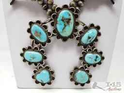 Huge Vintage Sterling Silver Turquoise Squash Blossom W/ Beautiful Large Turquoise Stones, 201.1g