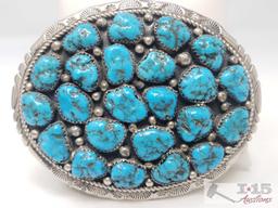 Marlene Jones Old Pawn Turquoise Cluster Nugget Sterling Belt Buckle, 64.2g