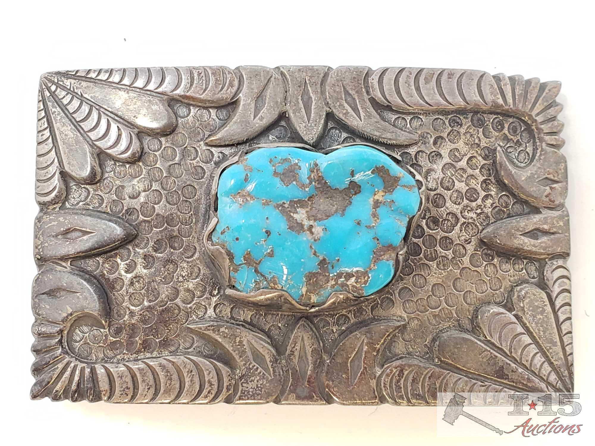 Sterling Silver Turquoise Belt Buckle, 54.3 grams