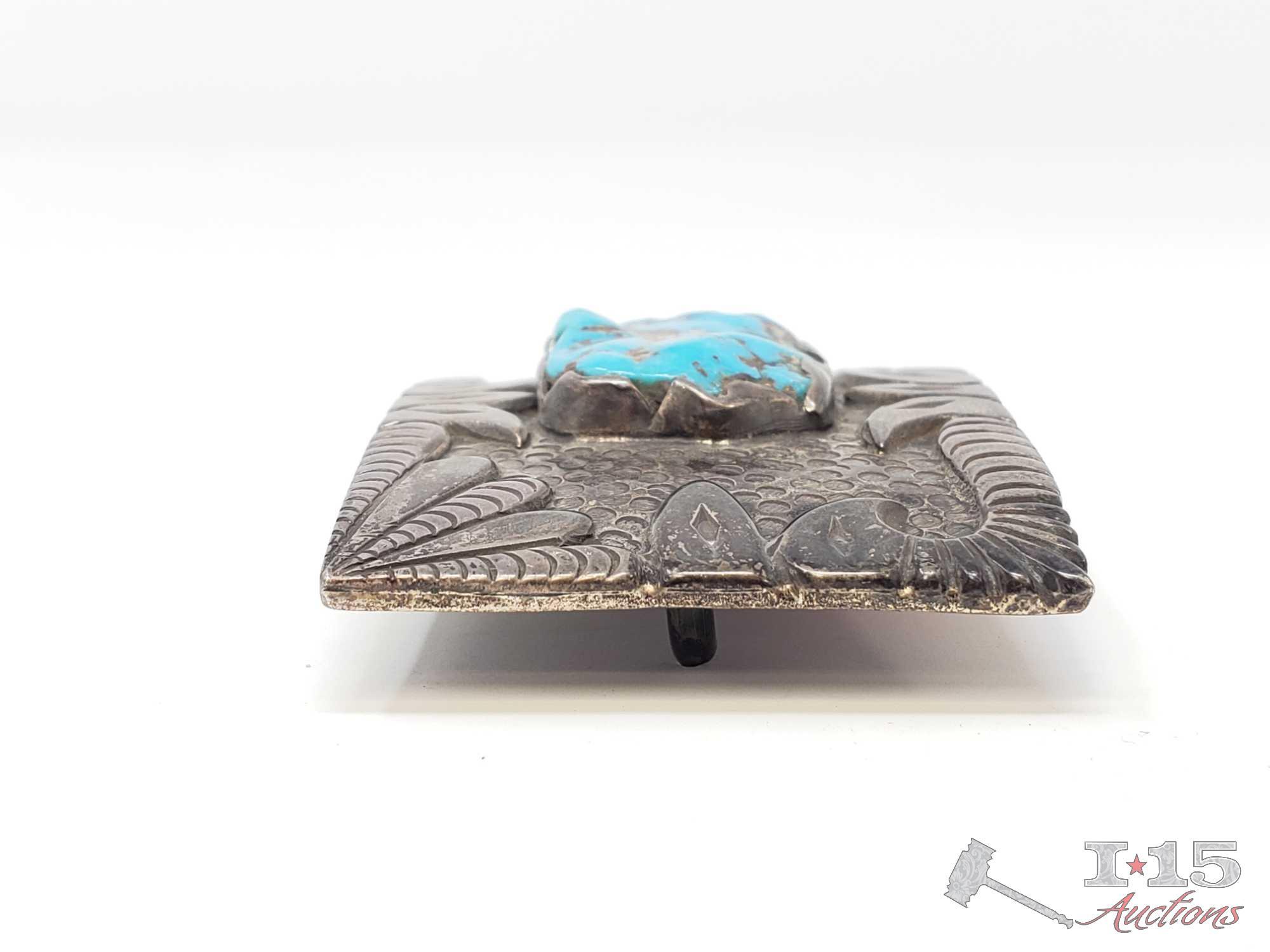 Sterling Silver Turquoise Belt Buckle, 54.3 grams