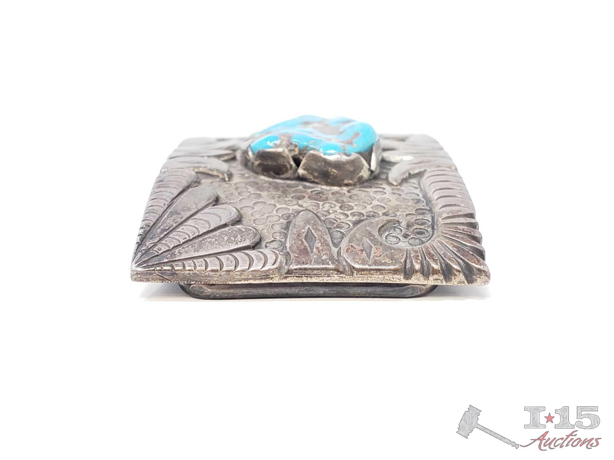 Sterling Silver Turquoise Belt Buckle, 54.3 grams