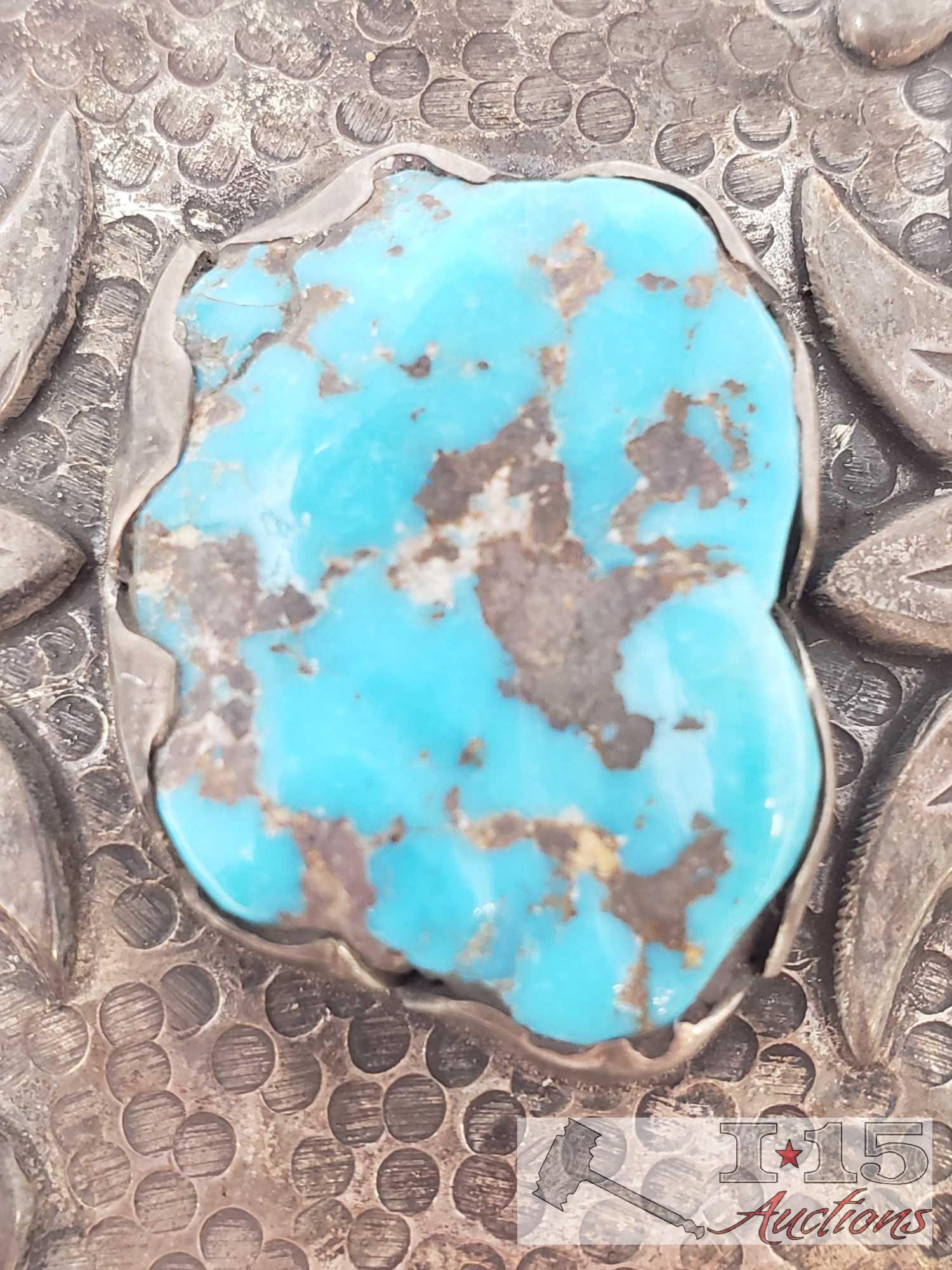 Sterling Silver Turquoise Belt Buckle, 54.3 grams