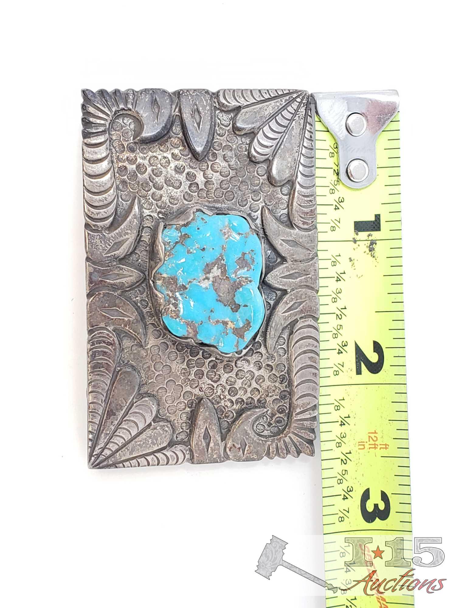 Sterling Silver Turquoise Belt Buckle, 54.3 grams