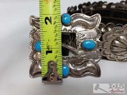 Vintage Old Pawn Native American Sterling Silver Turquoise Concho Belt, 206.3g