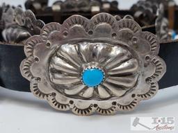 Vintage Old Pawn Native American Sterling Silver Turquoise Concho Belt, 206.3g