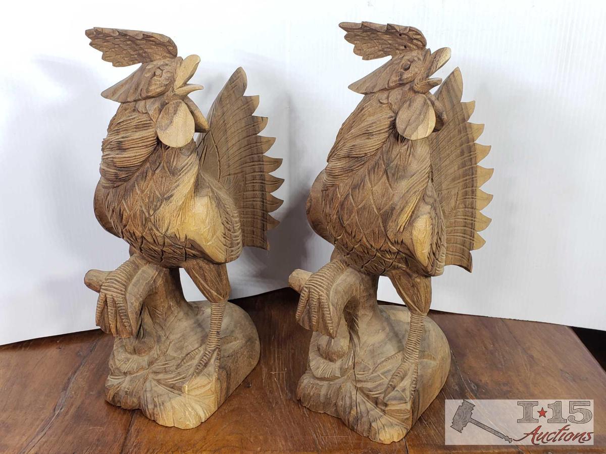 Hand Carved Javanese Ebony Wooden Roosters