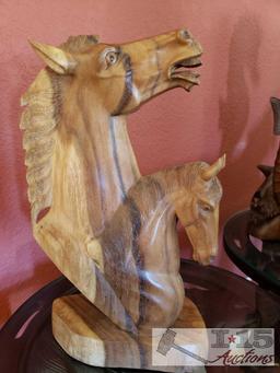 Hand Carved Wooden Statue of Mama and Baby Horse