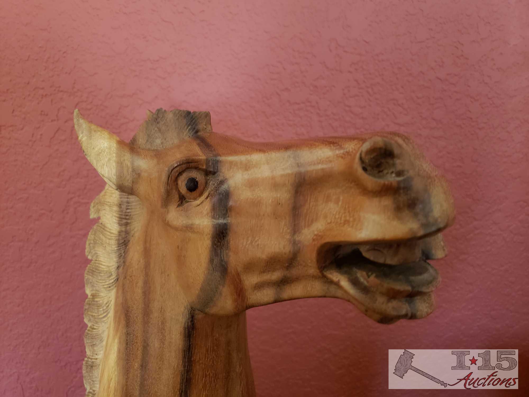 Hand Carved Wooden Statue of Mama and Baby Horse