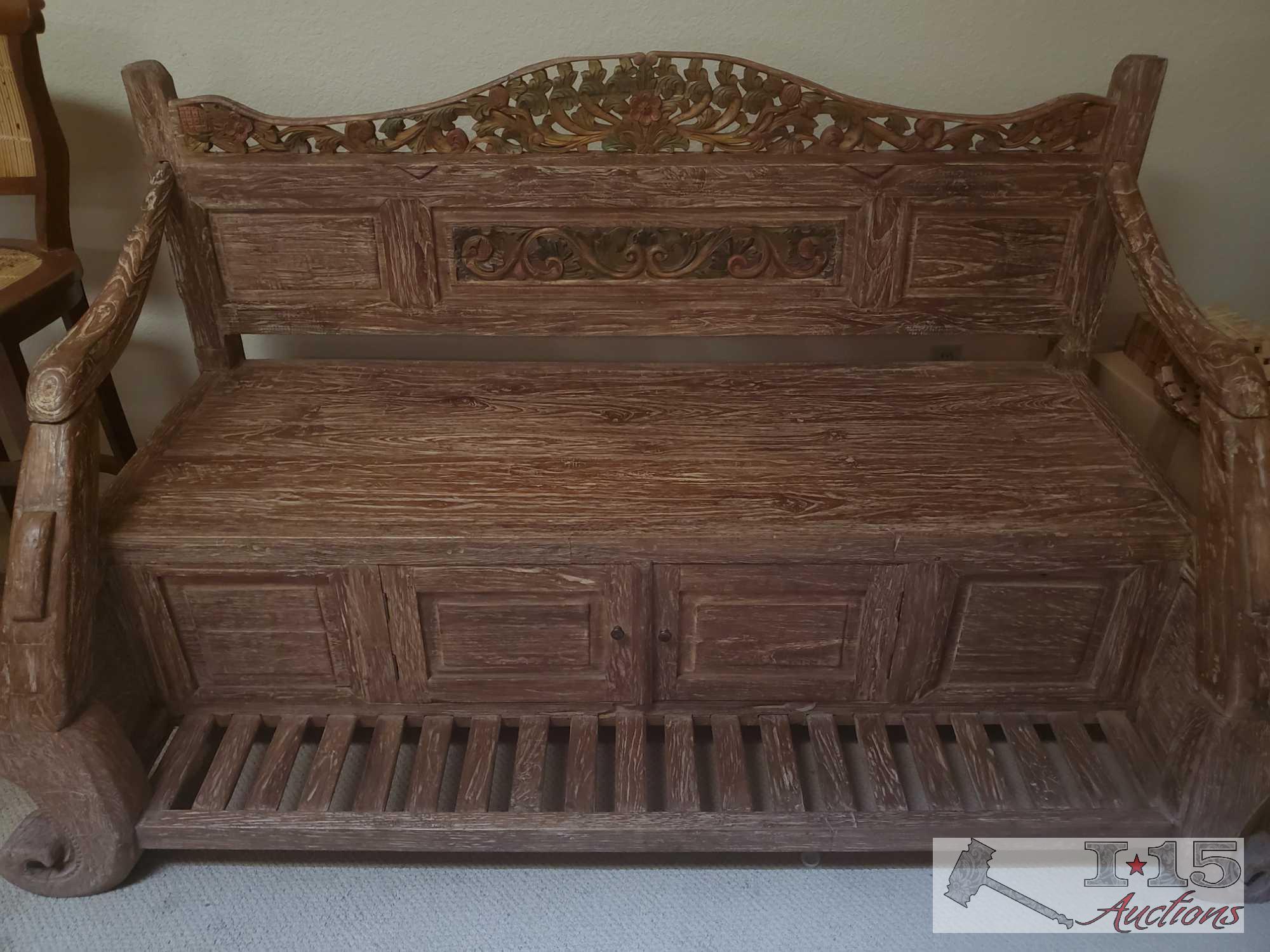 One of a Kind Handmade Wooden Bench with Storage with French Technique of Carving