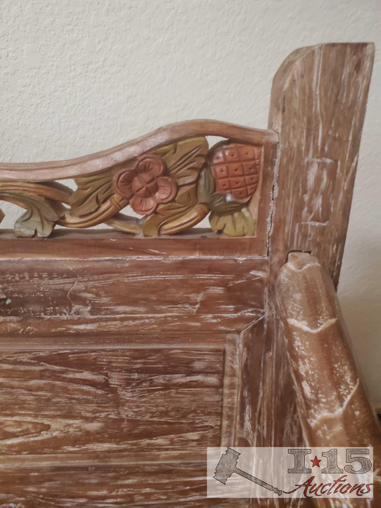 One of a Kind Handmade Wooden Bench with Storage with French Technique of Carving