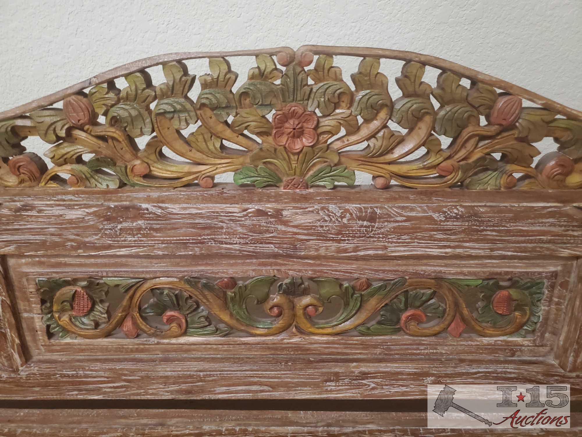 One of a Kind Handmade Wooden Bench with Storage with French Technique of Carving