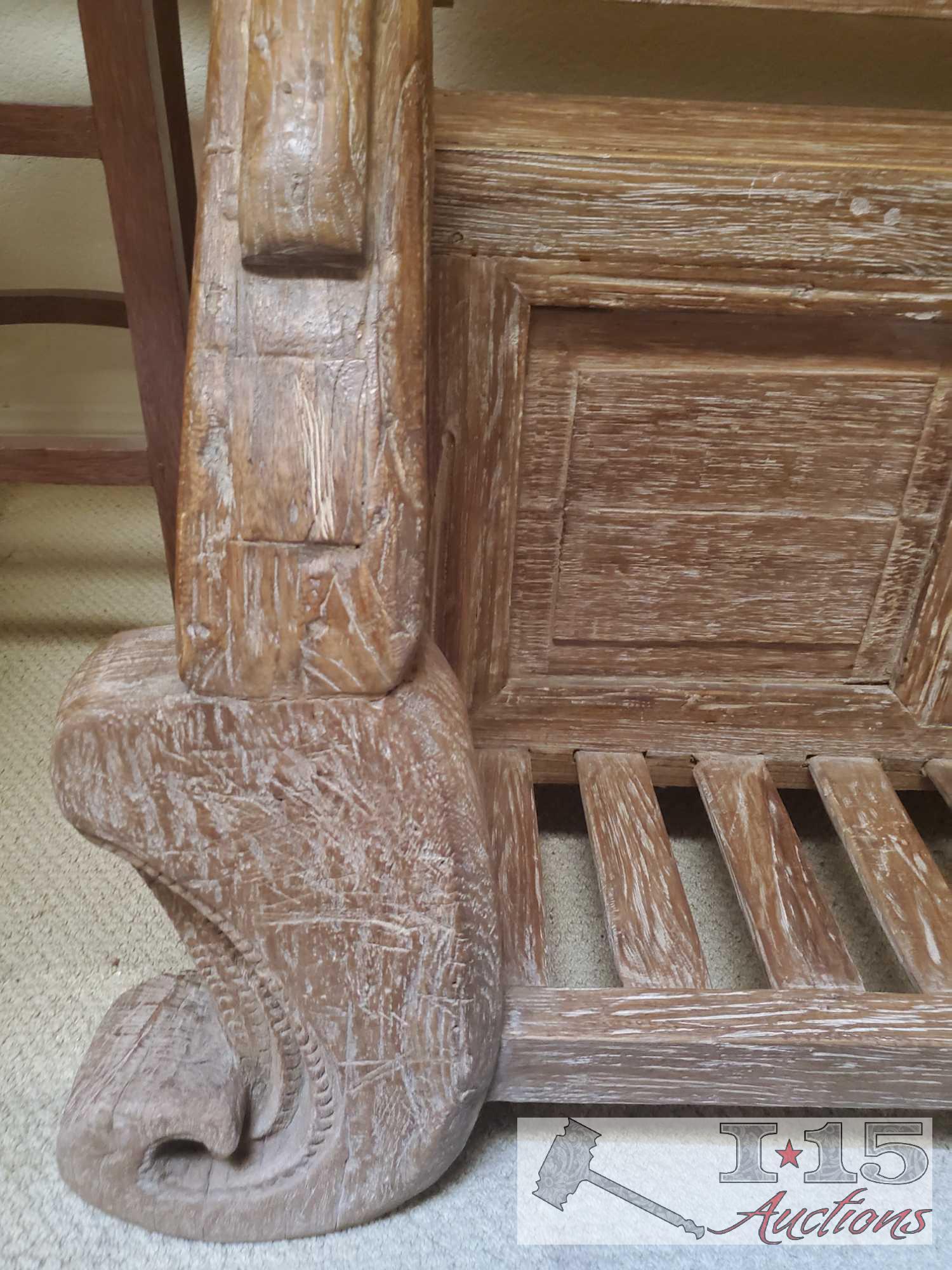 One of a Kind Handmade Wooden Bench with Storage with French Technique of Carving