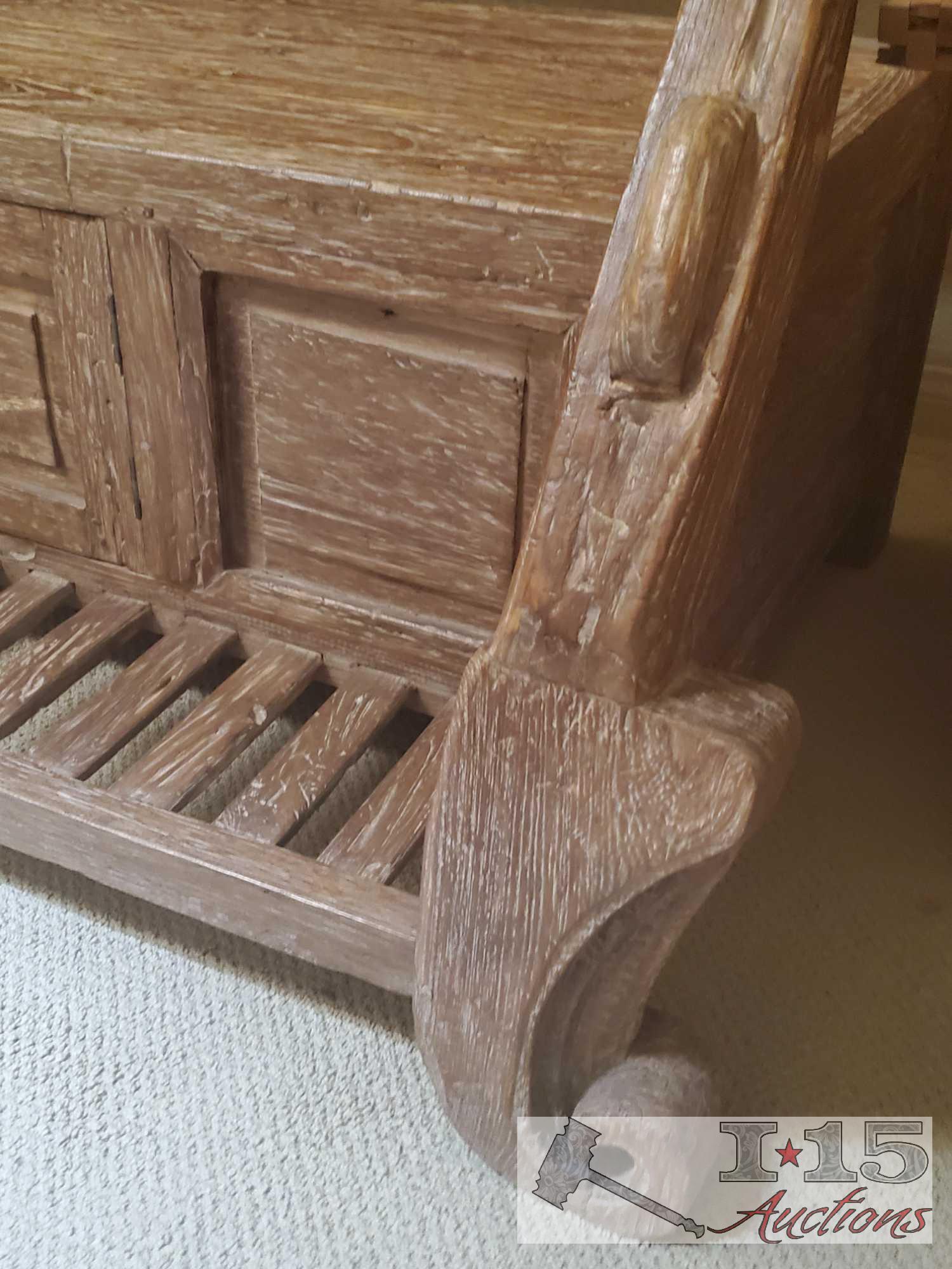 One of a Kind Handmade Wooden Bench with Storage with French Technique of Carving