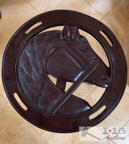 2 Fantastic red Mahogany wood side tables. Hand carved with profile of horse head on top.