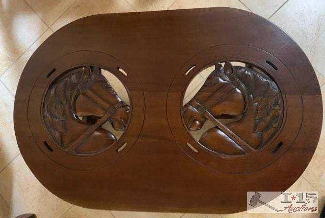 Beautiful Red Mahogany. Hand carved coffee table with profile of horse head. Unique piece....