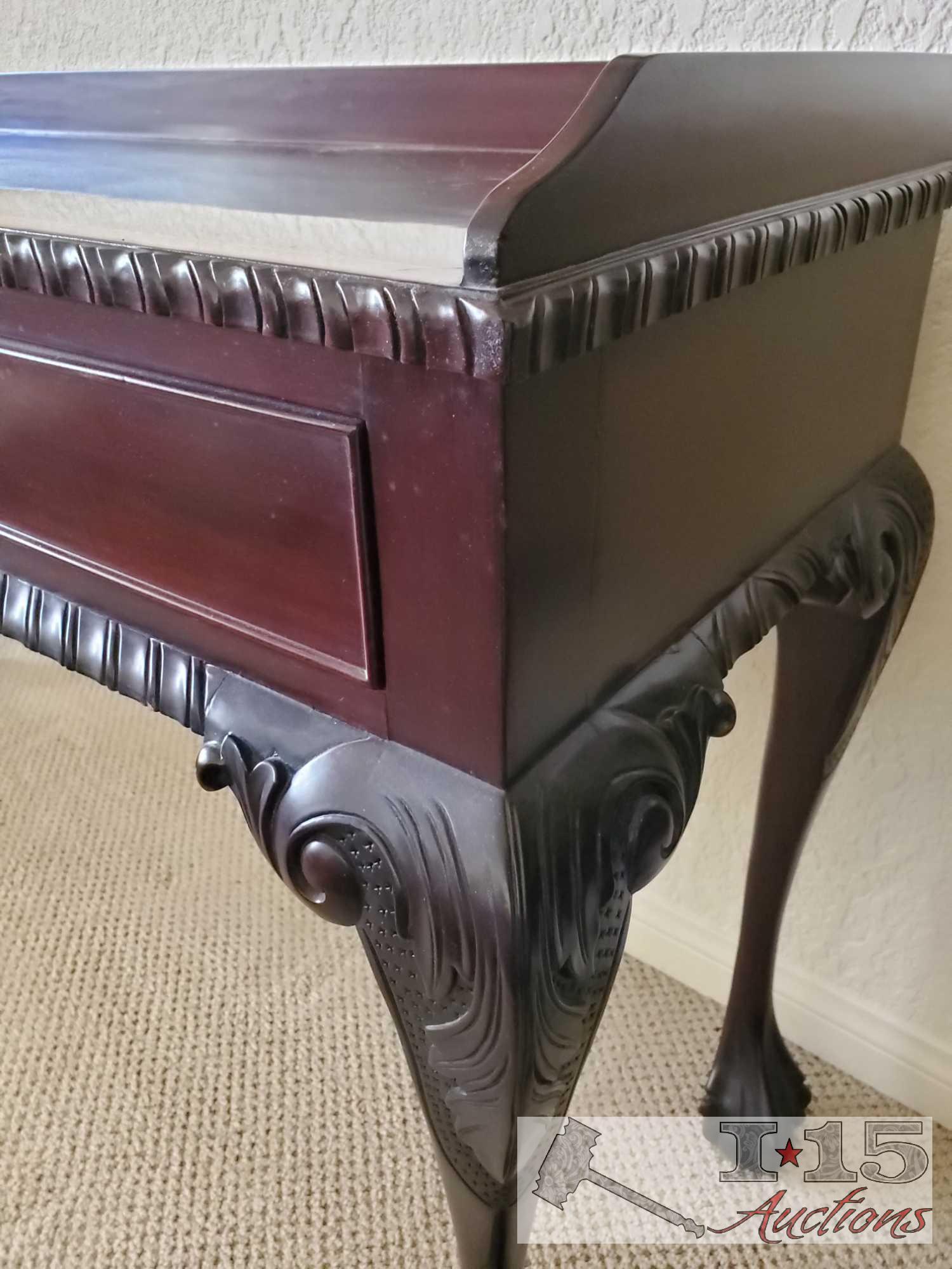 Red Mahogany Console/entry table with two drawers. Unique and hand carved....