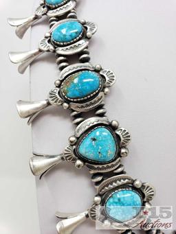 Darrin Livingston Sterling Silver Squash Bloosom Set Made w/ Genuine Mountain Turquoise, 341.1g