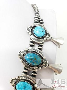 Darrin Livingston Sterling Silver Squash Bloosom Set Made w/ Genuine Mountain Turquoise, 341.1g