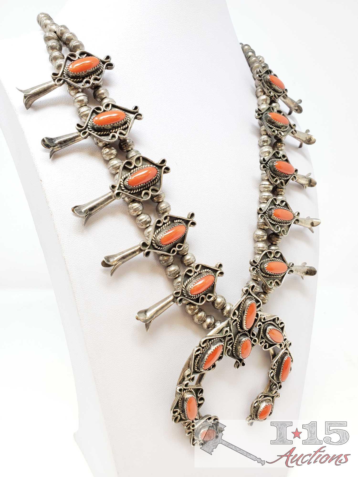 Vintage Navajo Large & Heavy Sterling Silver and Blood Red Coral Squash Blossom Necklace