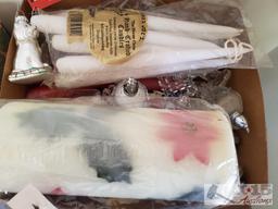 Candles, tapers new in box, candle holders, S&P shakers