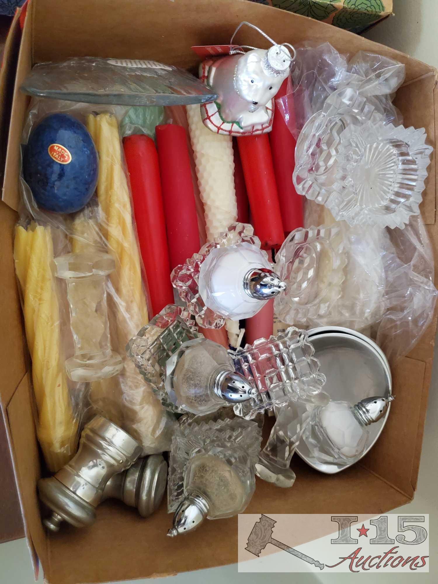 Candles, tapers new in box, candle holders, S&P shakers