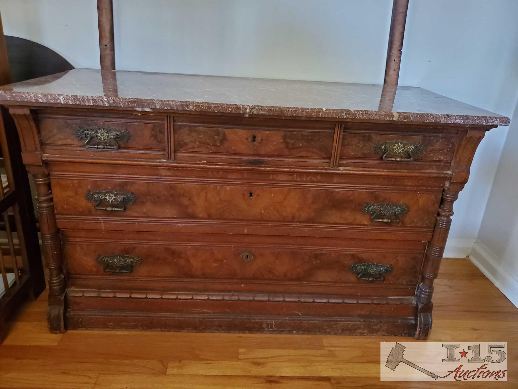 Antique Victorian carved walnut dresser with marble top