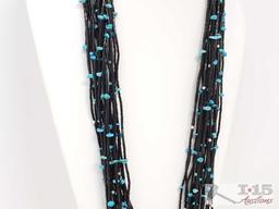 Amazing Black Onyx 20 Strand Native American Hand Beaded Necklace with Sterling Silver Clasp