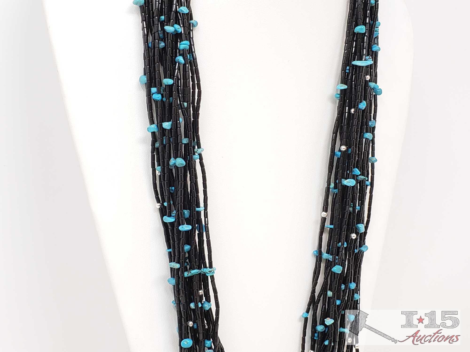 Amazing Black Onyx 20 Strand Native American Hand Beaded Necklace with Sterling Silver Clasp