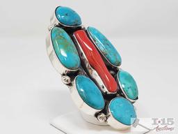 One of a Kind Chunky Native American Ring with Large Coral and Turquoise Stones Artist Marked