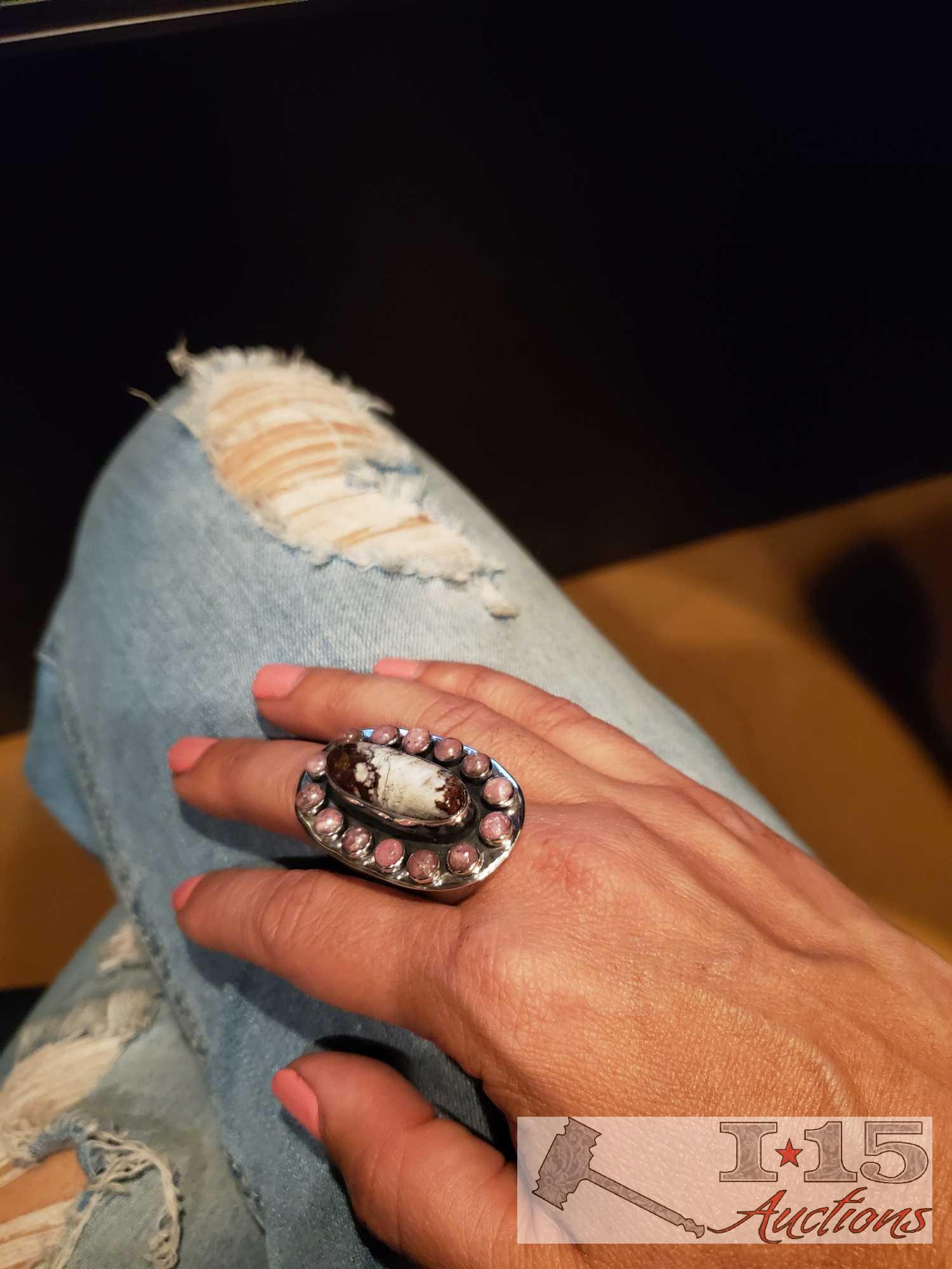 Unique Native American Sterling Ring w/Large White Bufflo Stone Surrounded by Pink Turquoise Stones