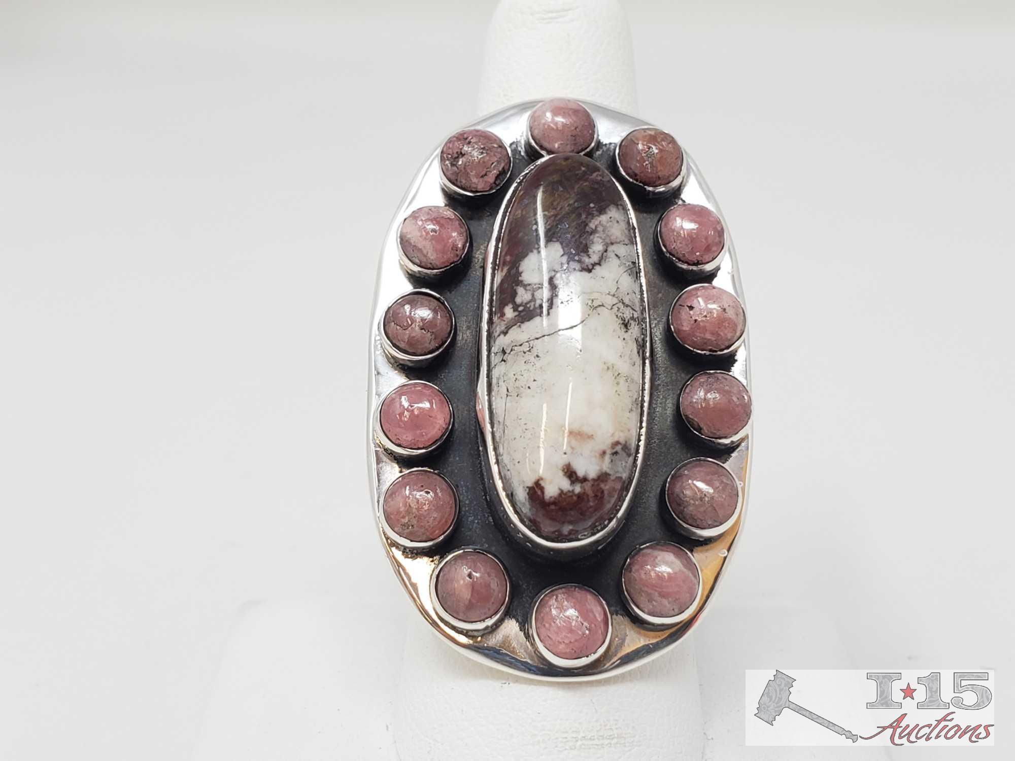 Unique Native American Sterling Ring w/Large White Bufflo Stone Surrounded by Pink Turquoise Stones