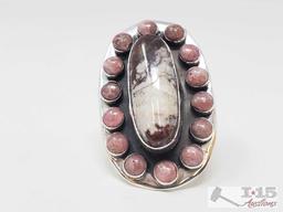 Unique Native American Sterling Ring w/Large White Bufflo Stone Surrounded by Pink Turquoise Stones