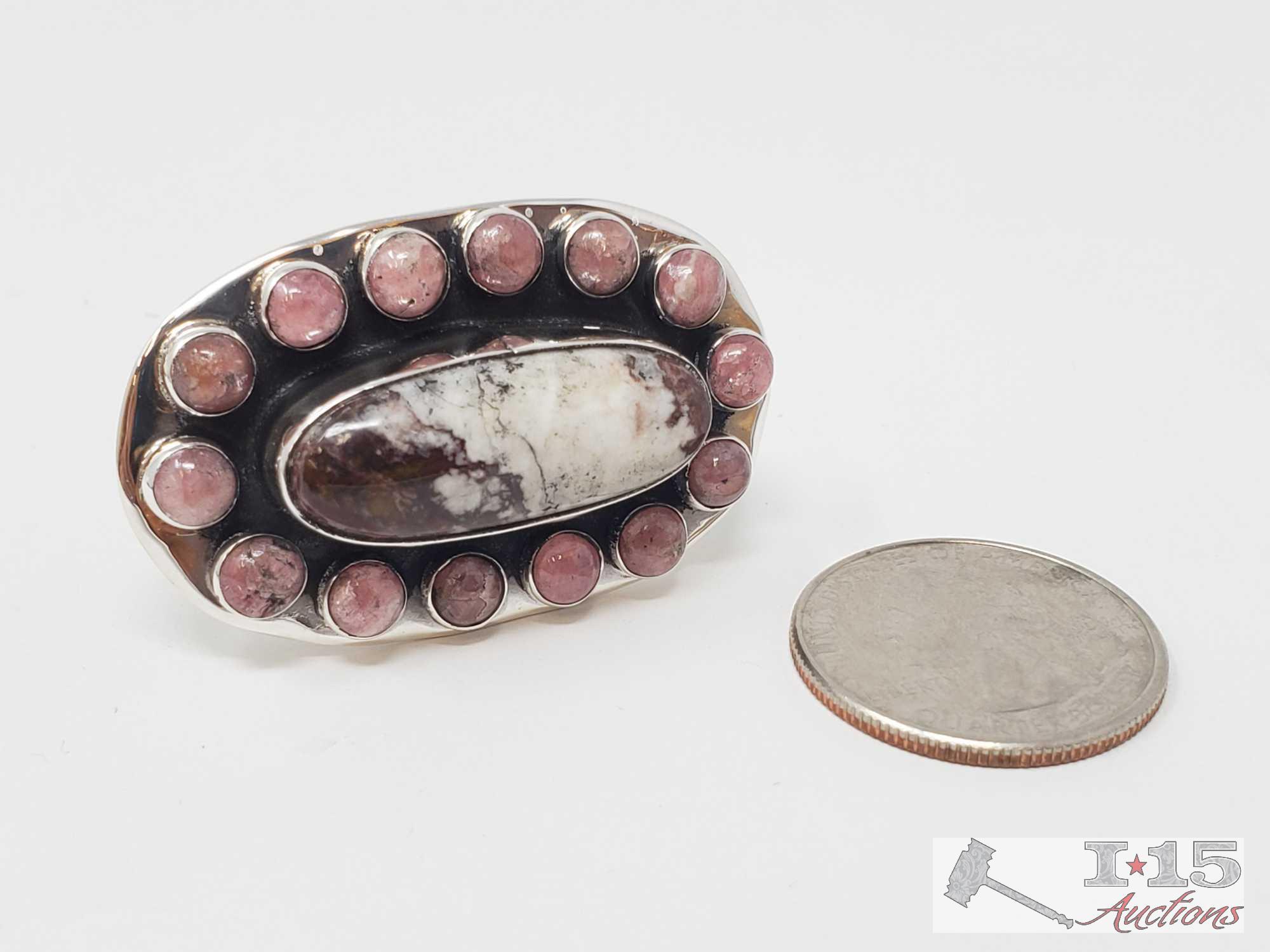 Unique Native American Sterling Ring w/Large White Bufflo Stone Surrounded by Pink Turquoise Stones