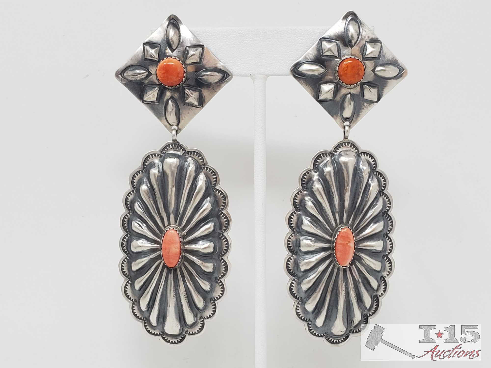 Spiny Oyster and sterling silver Native American earrings.. Marked by Artist 22.5g